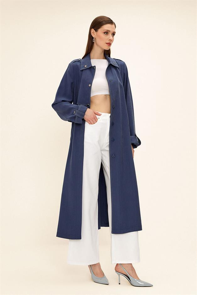Unlined Modal Trench Coat with Contrast Stitching Detail İNDİGO 6717