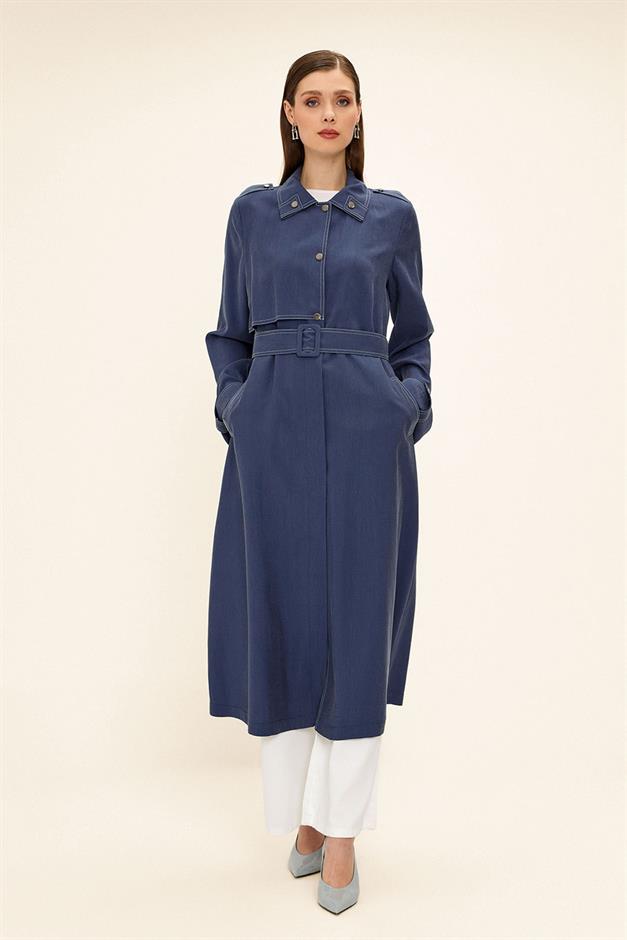 Unlined Modal Trench Coat with Contrast Stitching Detail İNDİGO 6717