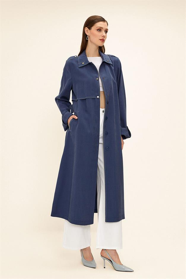 Unlined Modal Trench Coat with Contrast Stitching Detail İNDİGO 6717