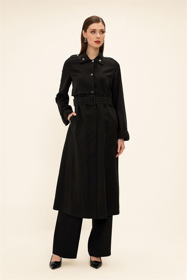 Unlined Modal Trench Coat with Contrast Stitching Detail BLACK 6717