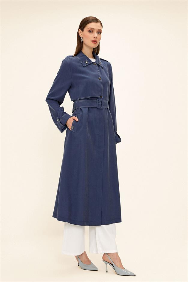 Unlined Modal Trench Coat with Contrast Stitching Detail İNDİGO 6717