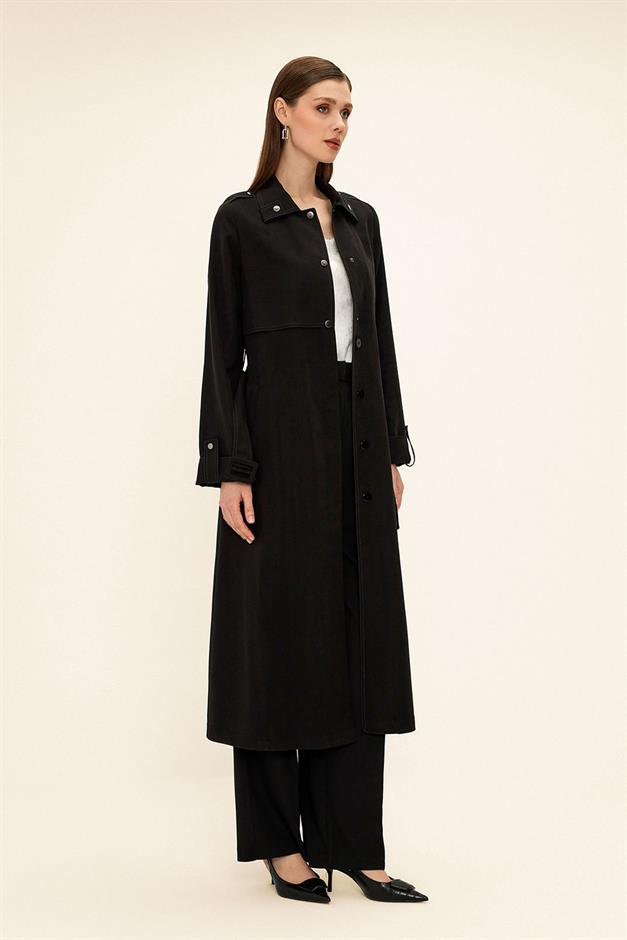 Unlined Modal Trench Coat with Contrast Stitching Detail BLACK 6717