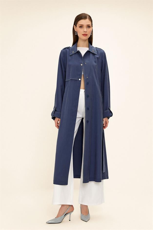 Unlined Modal Trench Coat with Contrast Stitching Detail İNDİGO 6717