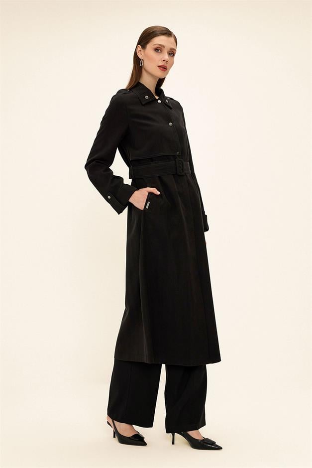 Unlined Modal Trench Coat with Contrast Stitching Detail BLACK 6717