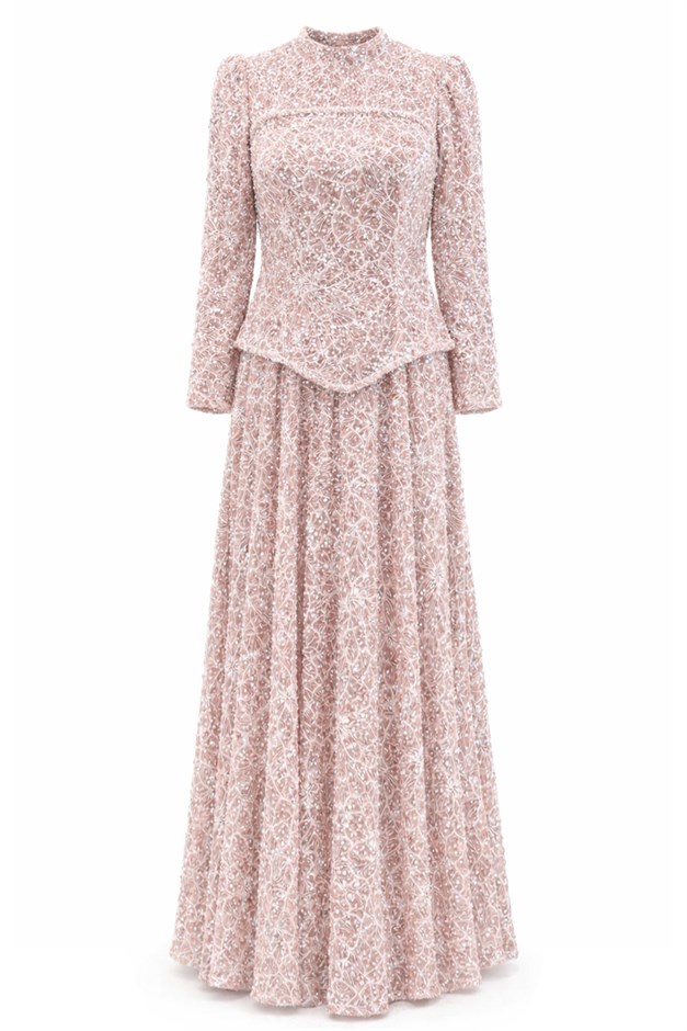 Korse Detaylı İnci ve Pul Bezeli Dantel Exclusive Tesettür Abiye Elbise PUDRA 1084