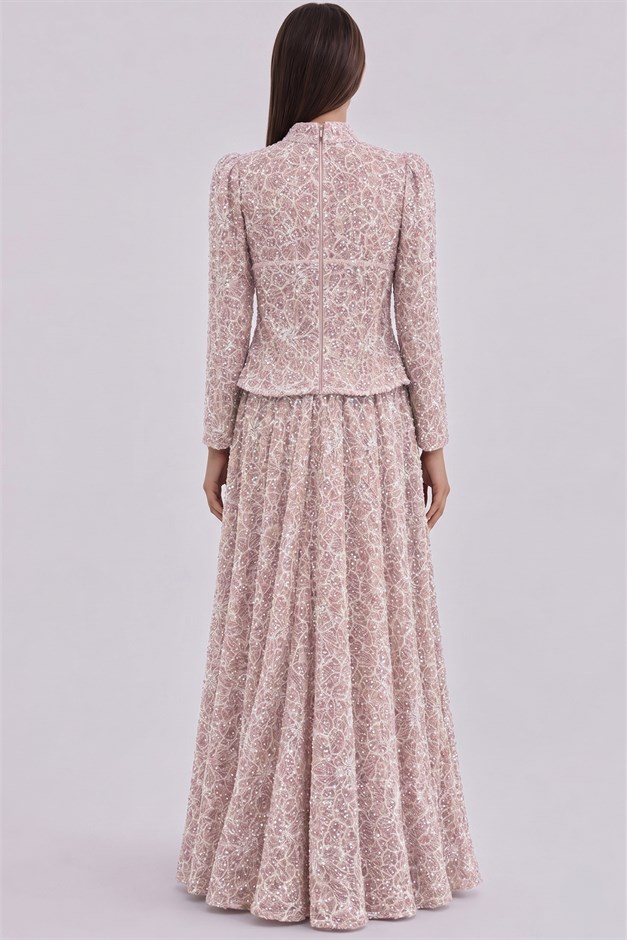 Korse Detaylı İnci ve Pul Bezeli Dantel Exclusive Tesettür Abiye Elbise PUDRA 1084