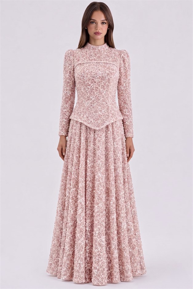 Korse Detaylı İnci ve Pul Bezeli Dantel Exclusive Tesettür Abiye Elbise PUDRA 1084