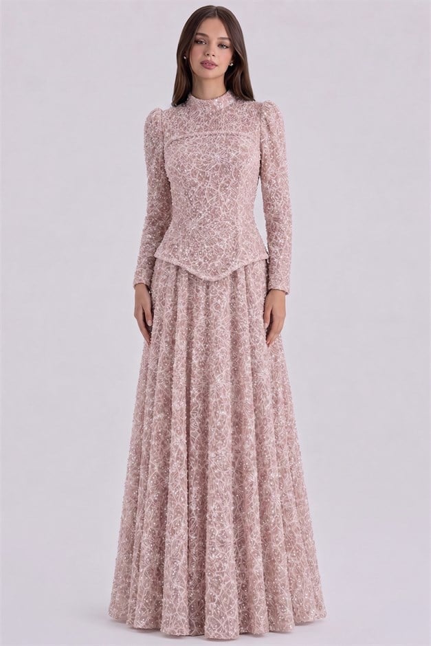 Korse Detaylı İnci ve Pul Bezeli Dantel Exclusive Tesettür Abiye Elbise PUDRA 1084