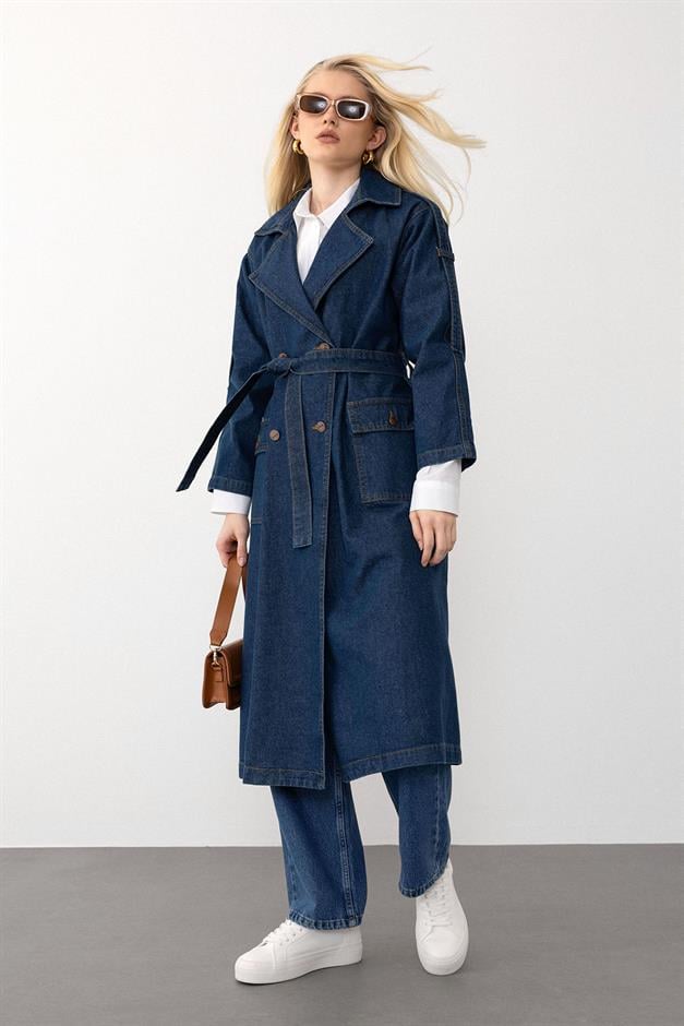 Kruvaze Apolet Detaylı Oversize Denim Trençkot KOYU MAVİ 6592