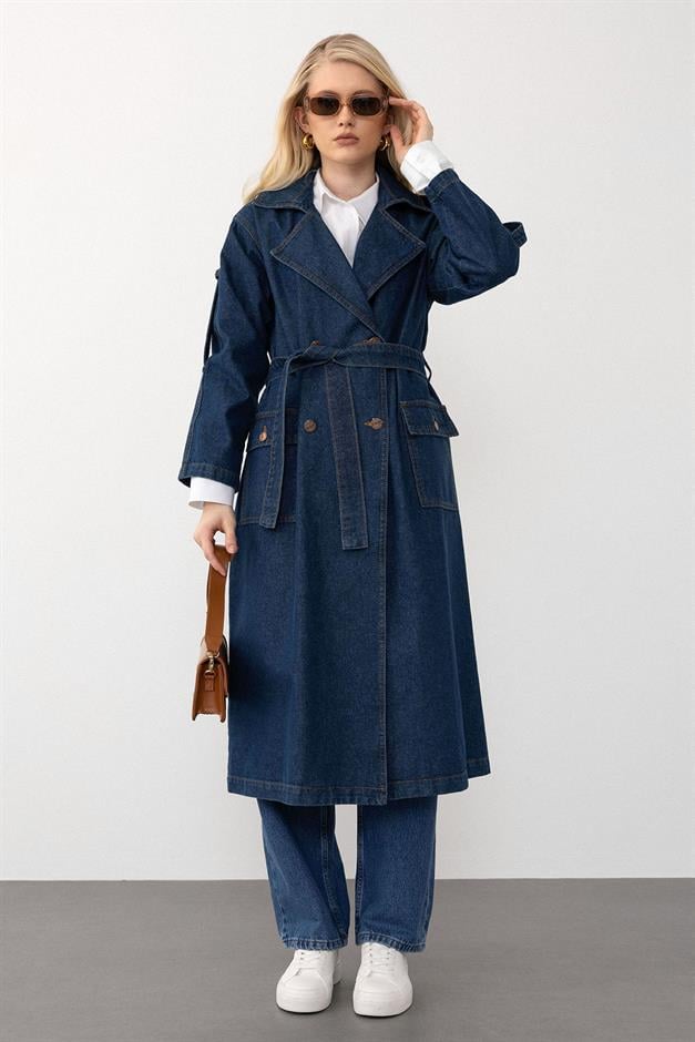 Kruvaze Apolet Detaylı Oversize Denim Trençkot KOYU MAVİ 6592