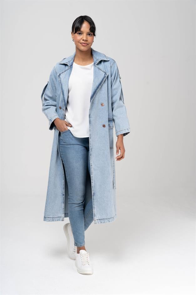 Kruvaze Apolet Detaylı Oversize Denim Trençkot MAVİ 6592