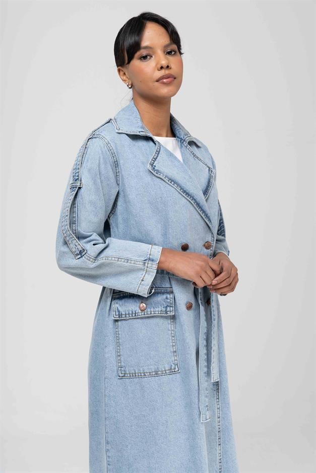 Kruvaze Apolet Detaylı Oversize Denim Trençkot MAVİ 6592