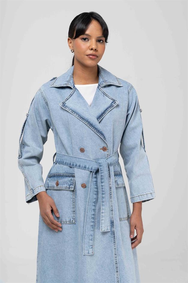 Kruvaze Apolet Detaylı Oversize Denim Trençkot MAVİ 6592