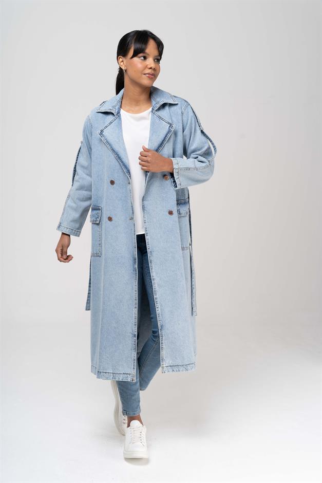 Kruvaze Apolet Detaylı Oversize Denim Trençkot MAVİ 6592