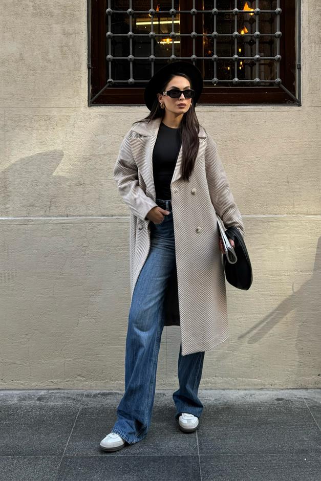 Double-Breasted Herringbone Pattern Oversize Coat IVORY 3037
