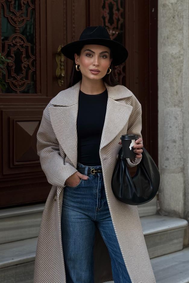 Double-Breasted Herringbone Pattern Oversize Coat IVORY 3037