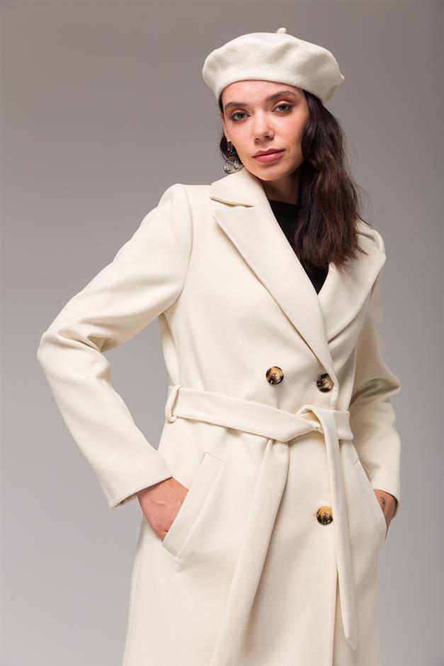 Double-Breasted Mid-Length Coat with Waist Tie IVORY 3754