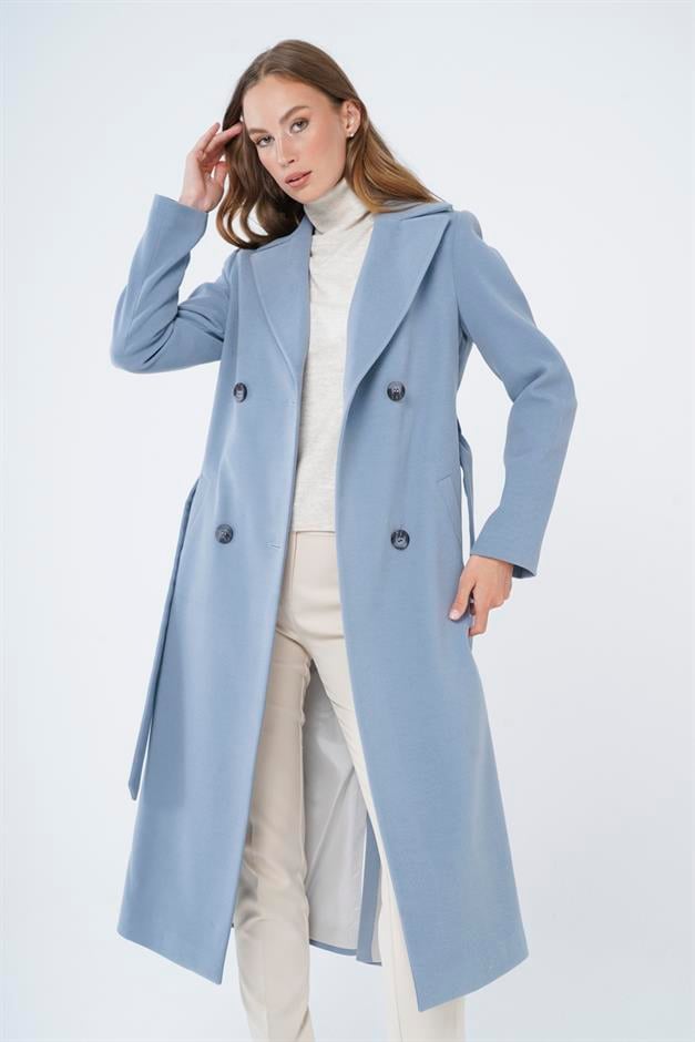Double-Breasted Mid-Length Coat with Waist Tie BLUE 3754