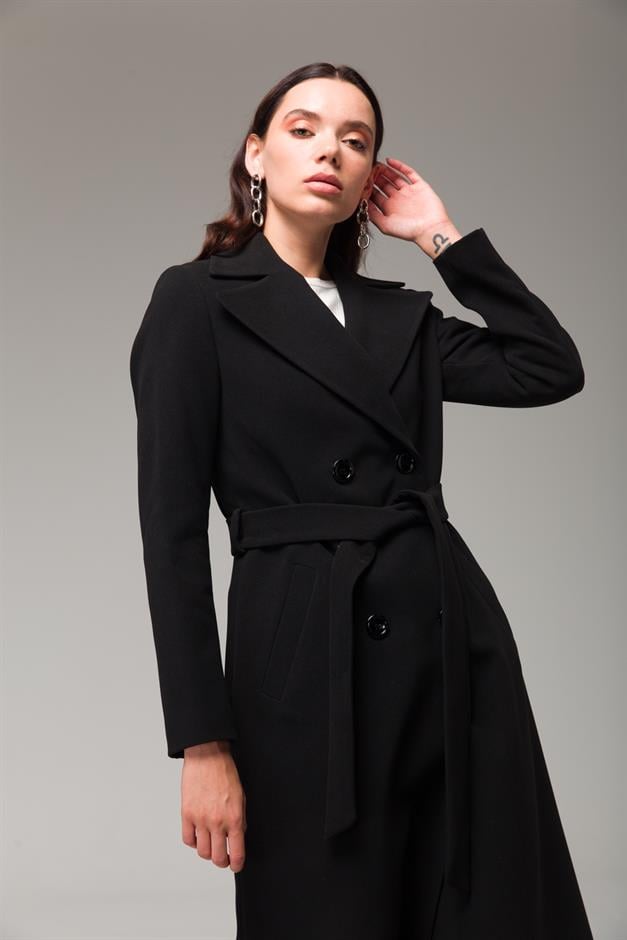 Double-Breasted Mid-Length Coat with Waist Tie BLACK 3754