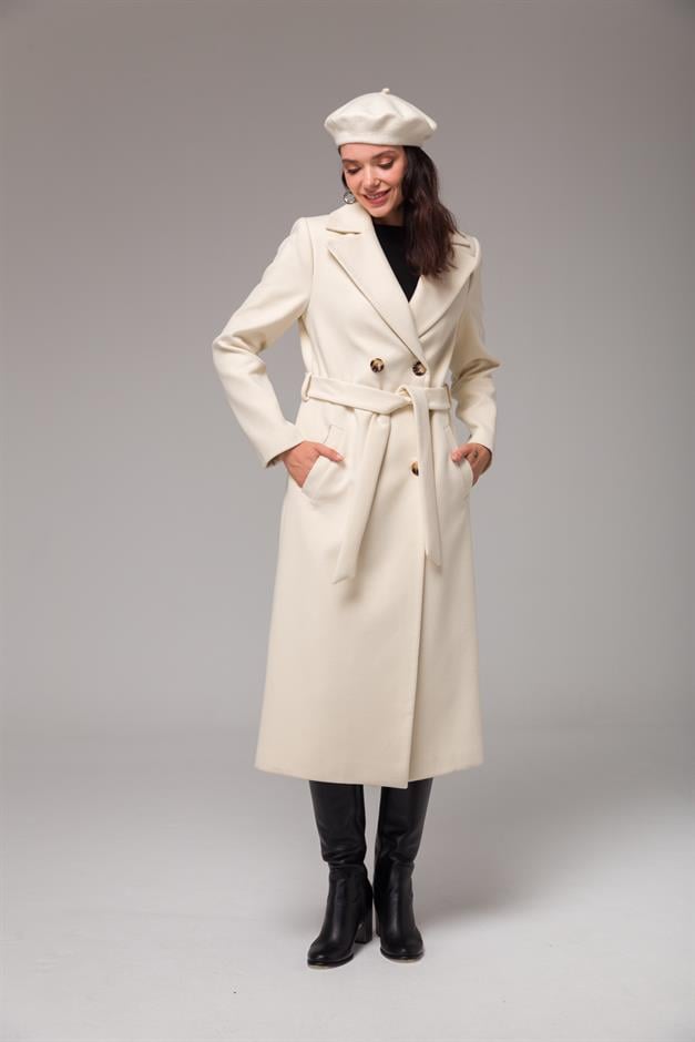 Double-Breasted Mid-Length Coat with Waist Tie IVORY 3754