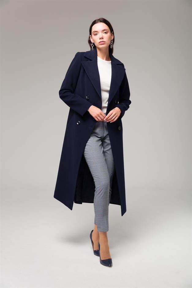 معطف متوسط الطول ذو صدر مزدوج ورباط على الخصر الأزرق الداكن 3754