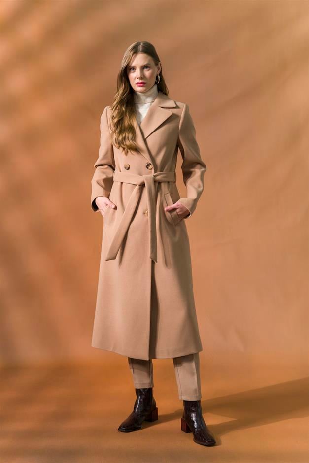 Double-Breasted Mid-Length Coat with Waist Tie CAMEL 3754