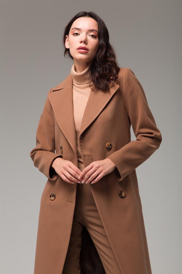 Double-Breasted Mid-Length Coat with Waist Tie CAMEL 3754