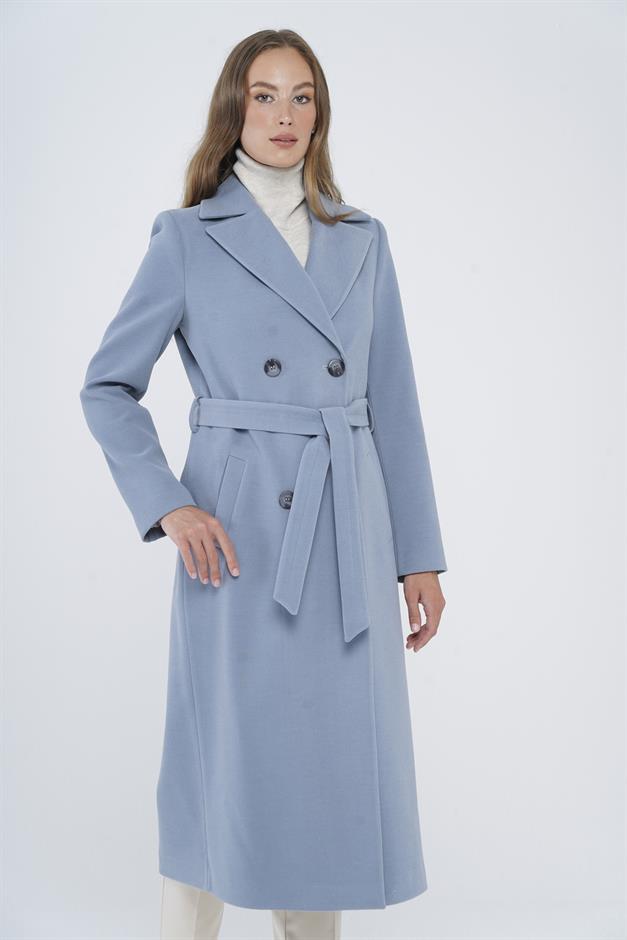 Double-Breasted Mid-Length Coat with Waist Tie BLUE 3754