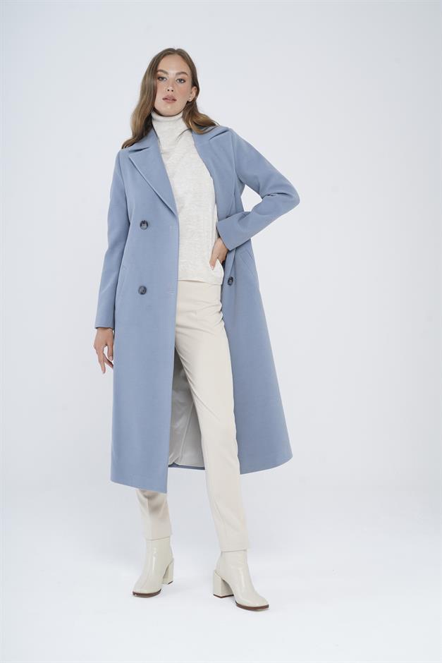Double-Breasted Mid-Length Coat with Waist Tie BLUE 3754