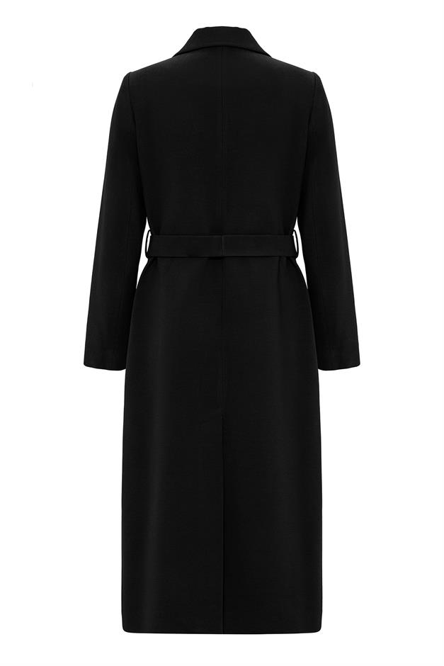 Double-Breasted Mid-Length Coat with Waist Tie BLACK 3754