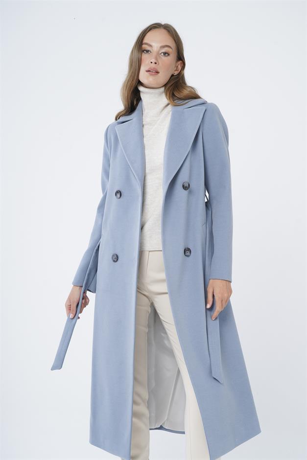 Double-Breasted Mid-Length Coat with Waist Tie BLUE 3754