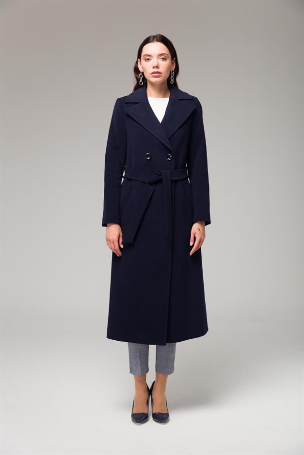 معطف متوسط الطول ذو صدر مزدوج ورباط على الخصر الأزرق الداكن 3754