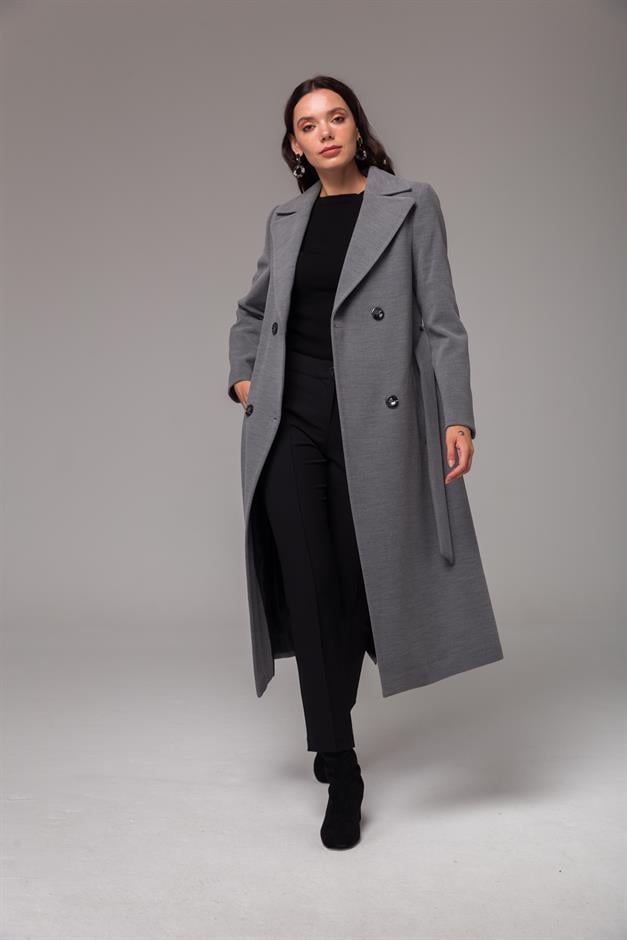Double-Breasted Mid-Length Coat with Waist Tie GREY 3754