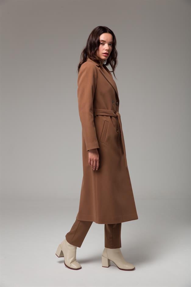 Double-Breasted Mid-Length Coat with Waist Tie CAMEL 3754