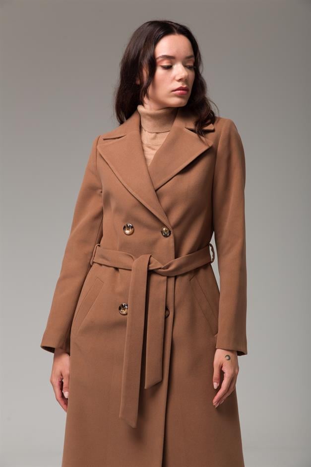 Double-Breasted Mid-Length Coat with Waist Tie CAMEL 3754