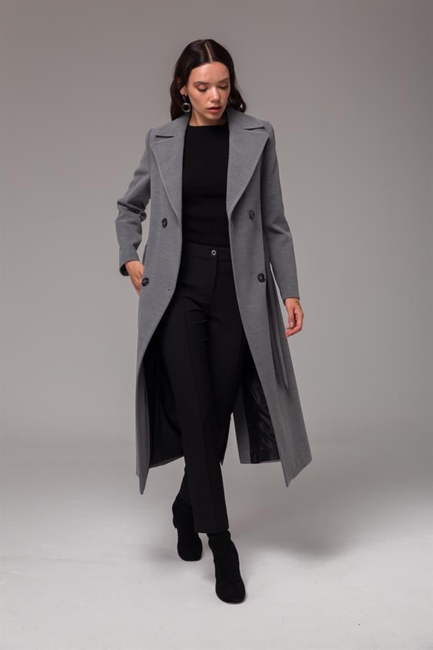 Double-Breasted Mid-Length Coat with Waist Tie GREY 3754