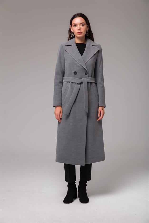 Double-Breasted Mid-Length Coat with Waist Tie GREY 3754