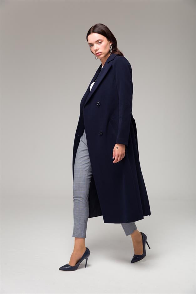 معطف متوسط الطول ذو صدر مزدوج ورباط على الخصر الأزرق الداكن 3754