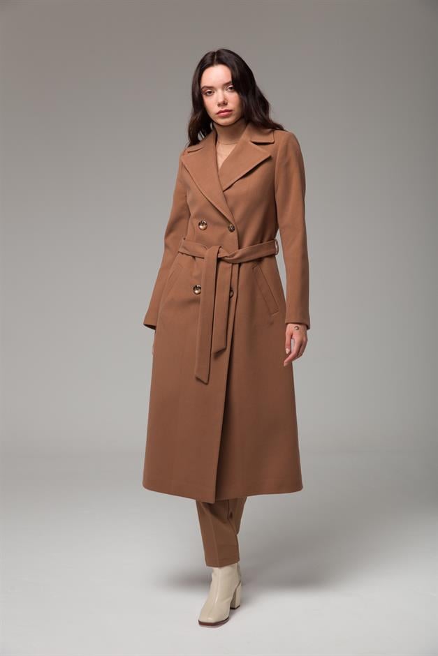 Double-Breasted Mid-Length Coat with Waist Tie CAMEL 3754