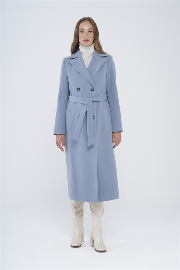 Double-Breasted Mid-Length Coat with Waist Tie BLUE 3754