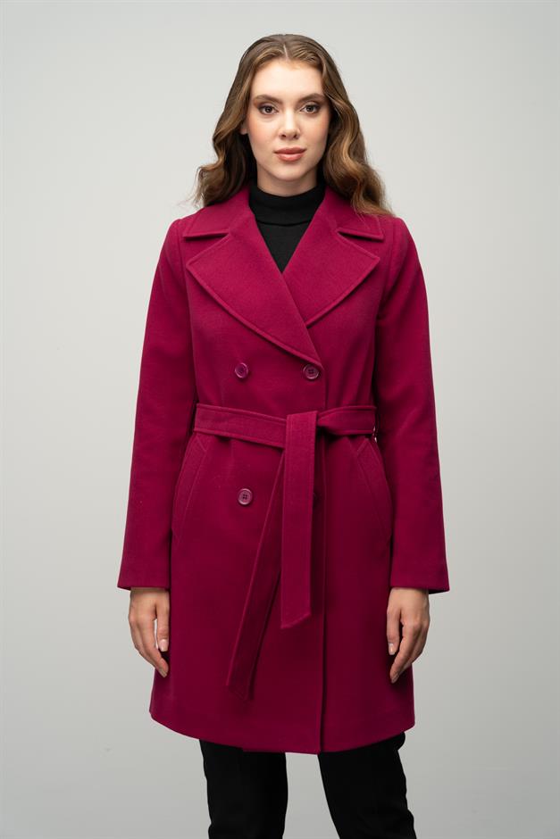 معطف مزدوج الصدر مربوط عند الخصر ضارب الى الحمرة 3058