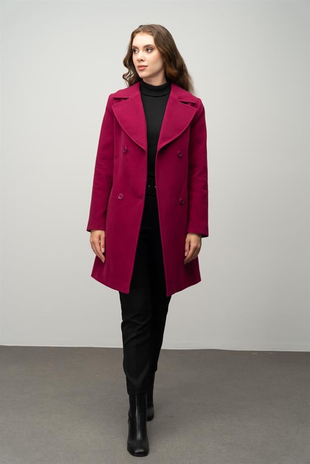 معطف مزدوج الصدر مربوط عند الخصر ضارب الى الحمرة 3058