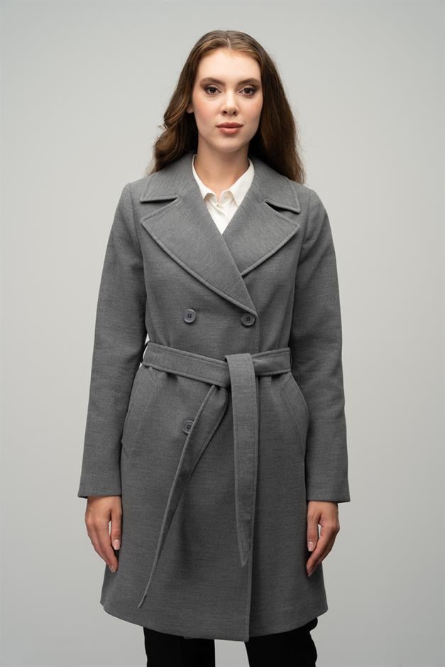 معطف مزدوج الصدر مربوط عند الخصر رمادي 3058