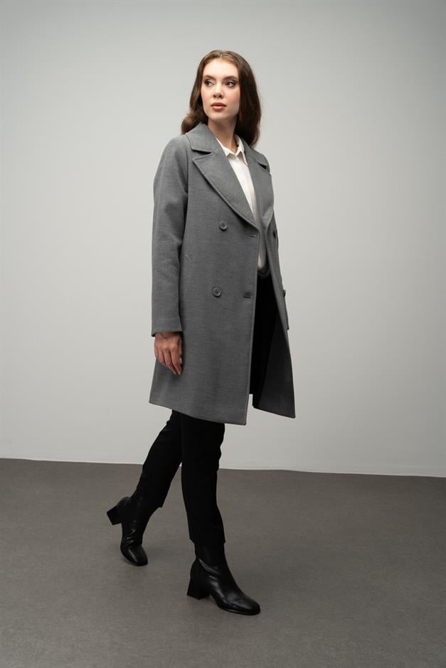 معطف مزدوج الصدر مربوط عند الخصر رمادي 3058