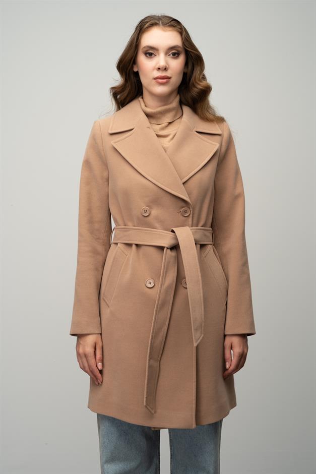 معطف مزدوج الصدر مربوط عند الخصر كامل 3058