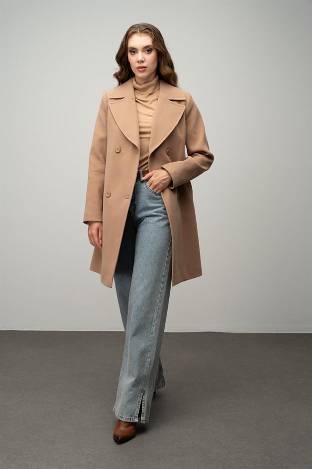 معطف مزدوج الصدر مربوط عند الخصر كامل 3058