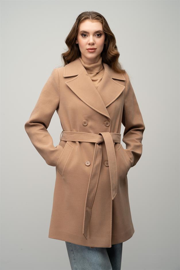 معطف مزدوج الصدر مربوط عند الخصر كامل 3058