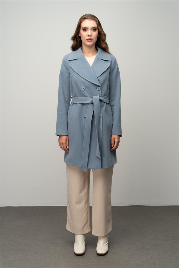 معطف مزدوج الصدر مربوط عند الخصر أزرق 3058