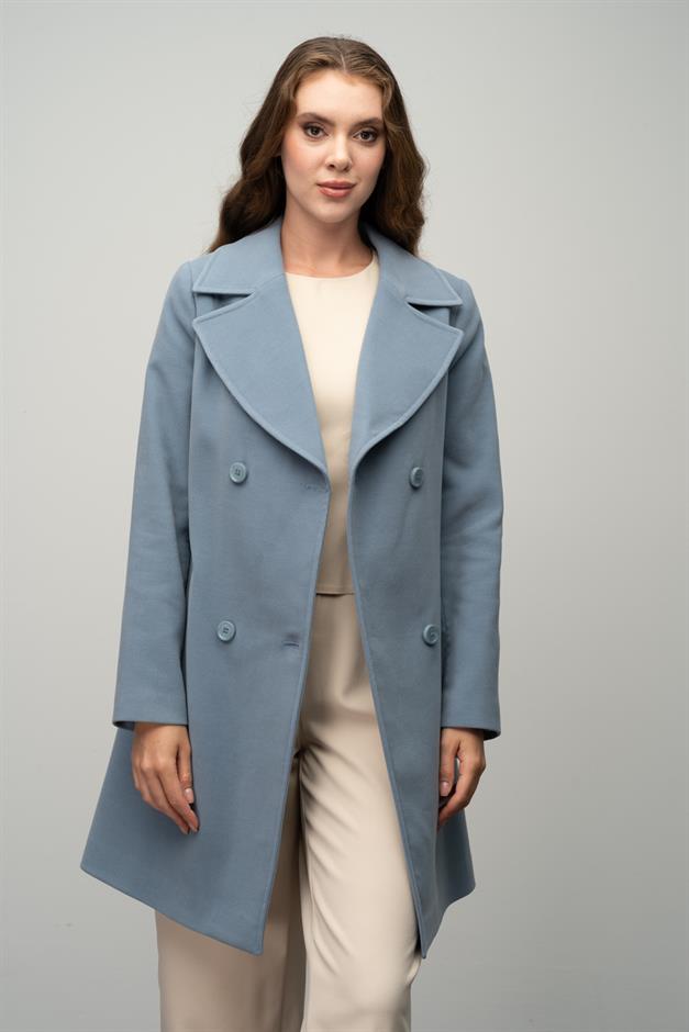 معطف مزدوج الصدر مربوط عند الخصر أزرق 3058