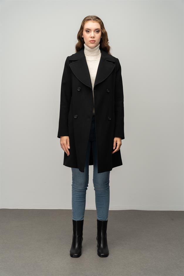 معطف مزدوج الصدر مربوط عند الخصر أسود 3058